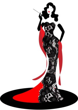 Dükkan logosu moda kadını silueti divası. Şirket marka tasarımı, güzel lüks kapak kızı siyah dantel işlemeli Damask desenli elbise, 1940 'lı, 1950' li yılların moda gece elbisesi.
