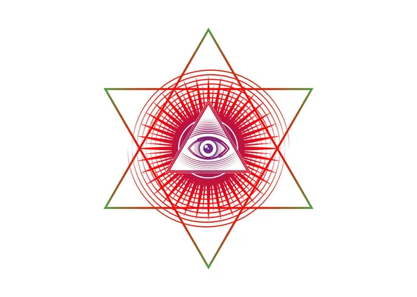 Posvátný zednářský symbol. Vše vidění oko, třetí oko (Oko Prozřetelnosti) uvnitř trojúhelníkové pyramidy. Nový světový řád. Ručně kreslená alchymie, náboženství, spiritualita, okultismus. Vektor izolovaný na bílém — Stockový vektor