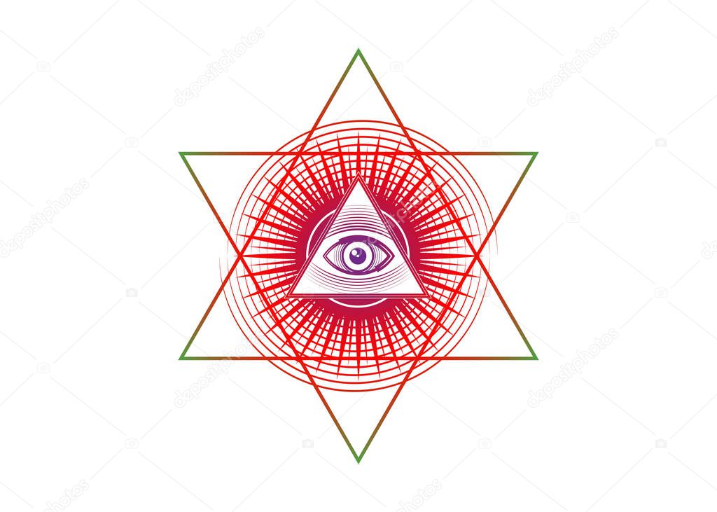 Sacred Masonic symbol. All Seeing eye, the third eye (The Eye of Providence)  inside triangle pyramid. New World Order. Hand-drawn alchemy, religion, spirituality, occultism. Vector isolated on white