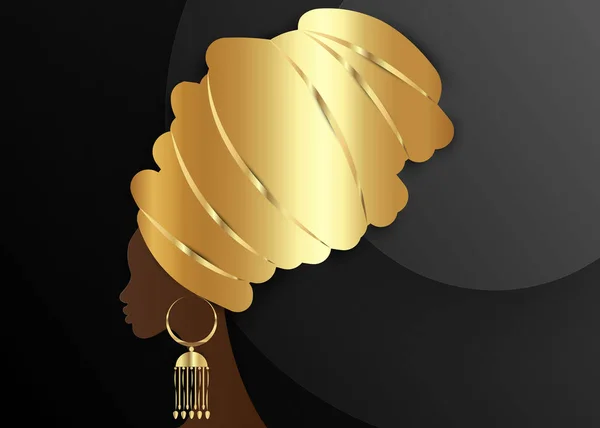 Πορτρέτο όμορφη Αφρικανή γυναίκα σε παραδοσιακό τουρμπάνι, Gold Kente head wrap Αφρικανικό, Παραδοσιακό dashiki και χρυσό εθνοτικό σκουλαρίκι, μαύρο afro γυναίκες διάνυσμα σιλουέτα που απομονώνονται σε μαύρο φόντο — Διανυσματικό Αρχείο