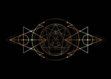 Bilgi grafikleri ve iş dünyası için Enneagram yoga altın ikonu tasarımı. Lotus pozisyonu, altın kutsal geometri, ortada meditasyon yapan Buda silueti, vektör illüstrasyonu izole edilmiş siyah arkaplan