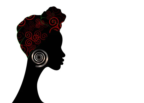 Retrato hermosa mujer afro. Shenbolen Ankara Headwrap Mujer Africana Tradicional Headtie Bufanda Turbante. Cabeza Kente envuelve diseño de tela tribal africana. Vector copia espacio plantilla folleto fondo — Vector de stock