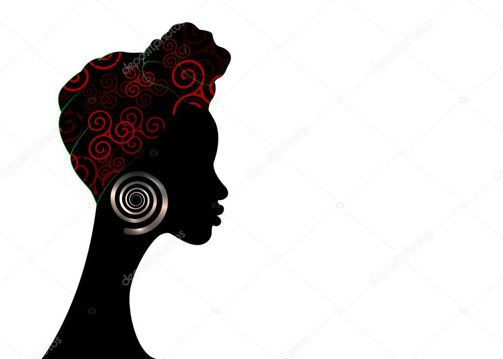 portrait beautiful Afro woman. Shenbolen Ankara Headwrap Women African Traditional Headtie Scarf Turban.  Kente head wraps African tribal fabric design. Vector copy space template brochure background