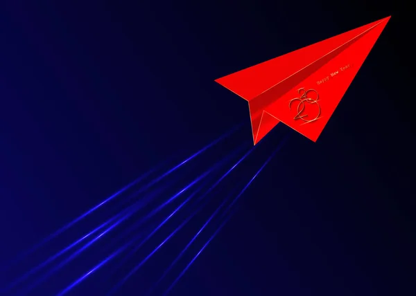 Sobre volador de origami rojo en el espacio, logotipo de Año Nuevo de oro 2020, avión de corte de papel rojo, tema de Navidad, ilustración vectorial. Diseño de vacaciones para tarjeta de felicitación, invitación, calendario, fiesta — Vector de stock