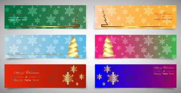 Conjunto de banderas de Navidad horizontales de colores. Banderas web tema de invierno. Año nuevo y la tarjeta de fiesta de Navidad elegante decoración de oro, vector de ilustración, aislado — Vector de stock