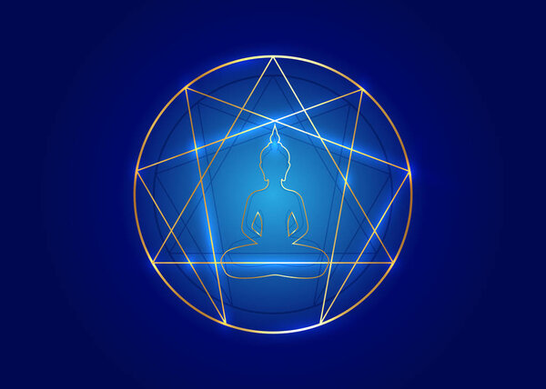 Дизайн плоских иконок для инфографики и бизнеса. Значок золотой эннеаграммы, сакральная геометрия, с медитирующим силуэтом Будды посередине, векторная иллюстрация изолирована на синем фоне
