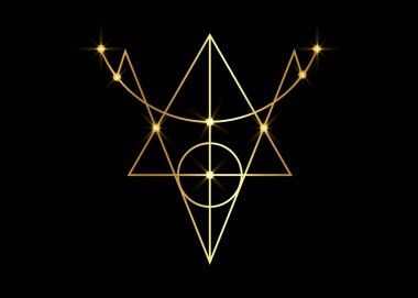 Altın Koruma Mührü. Sihirli Tılsımlar. Dövme, logo ve parmak izi olarak kullanılabilir. Altın cadı okült sembolü, kutsal geometri, siyah arkaplanda izole edilmiş vektör.