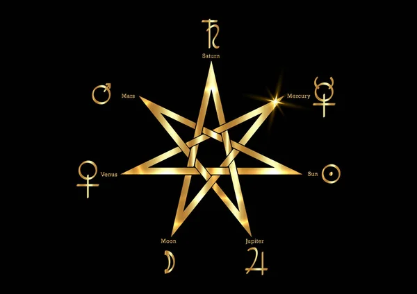 Planetarisches Ritual des Gold-Heptagramms, Vektor isoliert auf schwarzem Hintergrund. Sieben-Punkt-Stern oder Septa-Gramm, Hepta-Gramm magisches Symbol mystisches Zeichen. Goldene Hexenrunen, Hexen-Wahrsagersymbole — Stockvektor