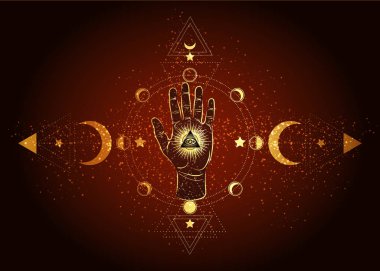 Üçüncü göz ve el ezoterik ruhani simge. Kutsal bilgi piramidi, her şeyi gören bir göz. Mistik geometri, ay evrelerinin işaretleri. Üçlü ayın içindeki mason sembolü göz.