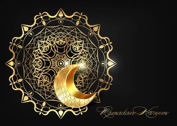 Ramadan Kareem z luxusního plakátu nebo pozvánky designu se zlatými islámskými ornamenty symboly, zlatý srpek měsíce na černém moderním pozadí. Vektorová ilustrace. Místo pro text — Stockový vektor