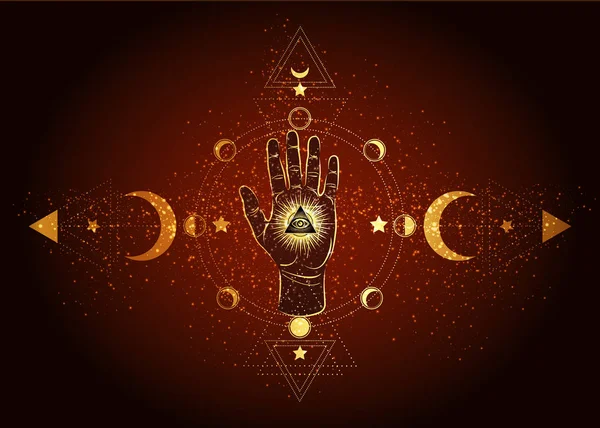 Third eye and hand esoteric spiritual icon. Sacred pyramid of knowledge, an all-seeing eye. Mystical geometry, signs of the moon phases. Masonic symbol eye inside triple moon — Stock Vector