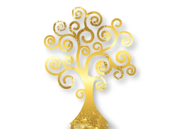 Levensboom, Boom natuurlijk logo en gouden boom ecologie illustratie symbool pictogram vector ontwerp geïsoleerd op witte achtergrond. Goud blad houten Bio natuurlijke ethiek concept, abstracte bloeiende wervelboom — Stockvector