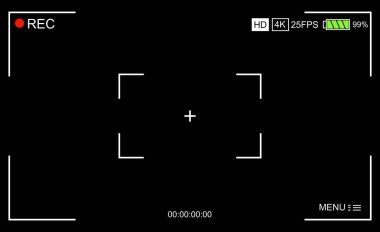 Kamera vizörünü. Odaklama ekranı kameranın şablonu. Vizör kamera kaydı. Video ekran siyah bir arka plan. vektör çizim 