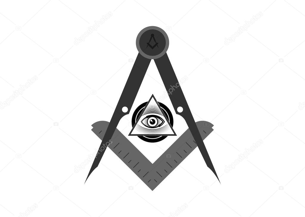 Freemasonry emblem - the masonic square and compass symbol. All seeing eye of god in sacred geometry triangle, masonry and illuminati symbol, logo or emblem design element. Vector isolated on white