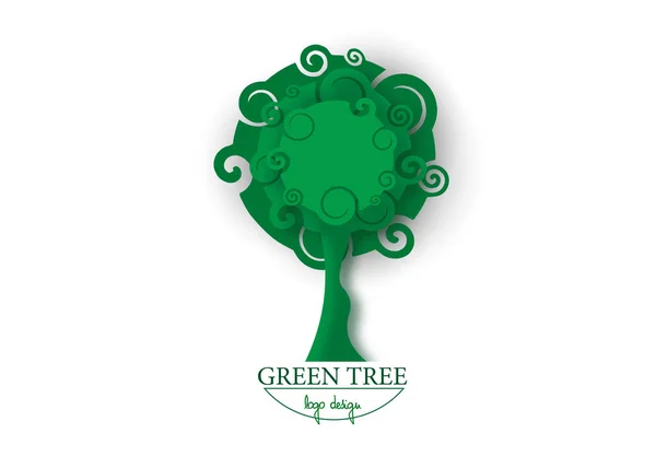 Green Tree v papírovém střihu, Tree Education Logo Design, originální zelený přírodní kudrnatý styl, eko a bio odznak, abstraktní organický design prvek vektorový štítek ilustrace izolované na bílém pozadí — Stockový vektor