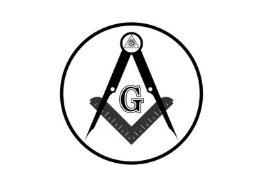 Masonluk amblemi - masonik kare ve pusula sembolü. Hepsi tanrının kutsal geometri üçgenindeki gözü, duvarcılık ve illuminati sembolü, logo tasarım elementi. Yuvarlak vektör beyaz üzerinde izole