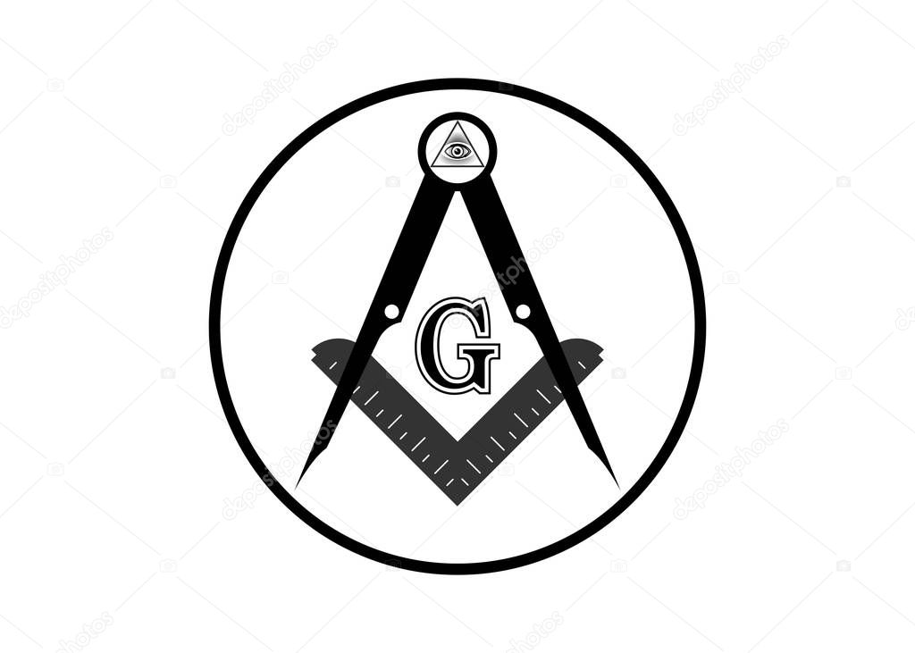 Freemasonry emblem - the masonic square and compass symbol. All seeing eye of god in sacred geometry triangle, masonry and illuminati symbol, logo design element. Round vector isolated on white