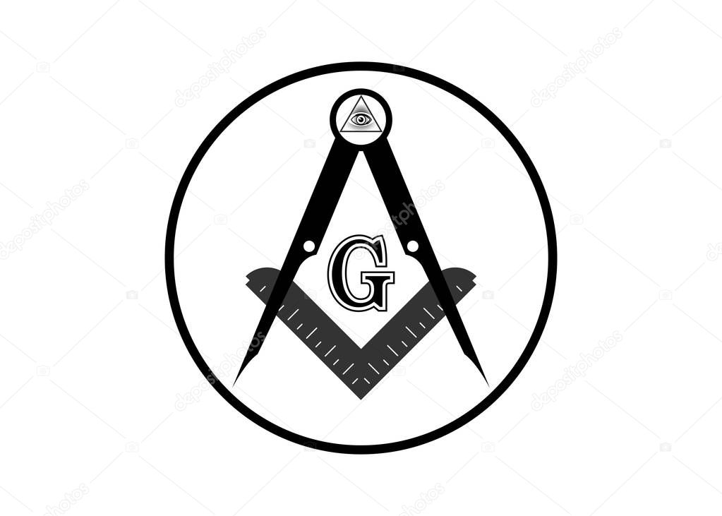 Freemasonry emblem - the masonic square and compass symbol. All seeing eye of god in sacred geometry triangle, masonry and illuminati symbol, logo design element. Round vector isolated on white