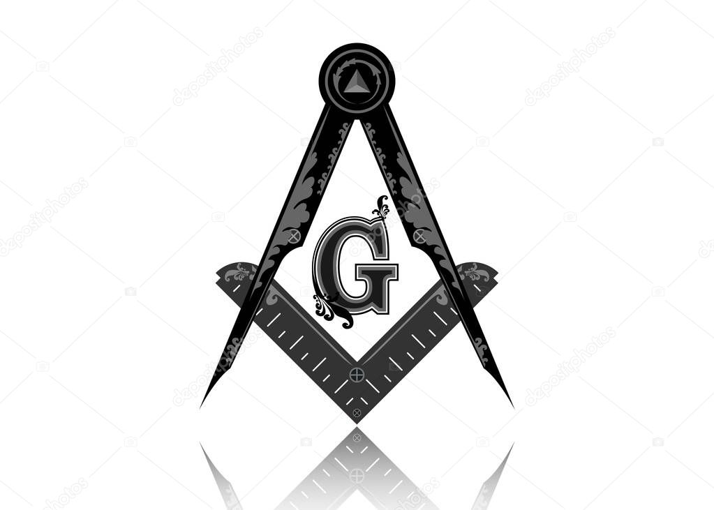Freemasonry emblem - the masonic square and compass symbol. All seeing eye of god in sacred geometry triangle, masonry and illuminati symbol, logo design element. Round vector isolated on white