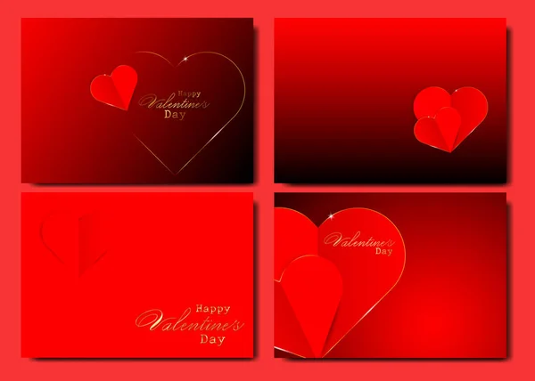 Set of Happy Valentine's Day posters. Vector illustration with copy space for text, red hearts and gold decoration. Brochures design for promo flyers or covers in A4 format size, cards red background — ストックベクタ