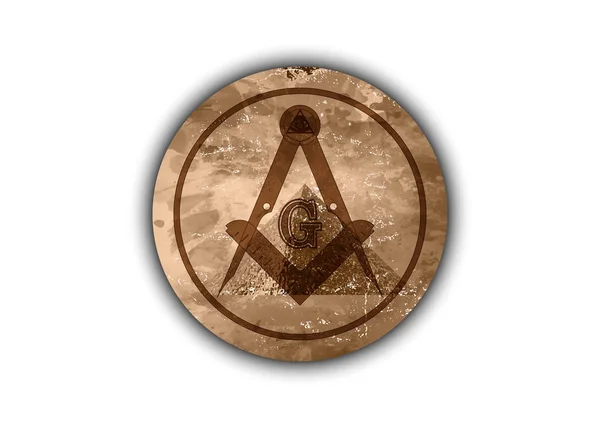 El emblema de la masonería - el viejo cuadrado masónico y el símbolo de la brújula. Todo ojo que ve de dios en la geometría sagrada piramidal, mampostería y símbolo illuminati, elemento de diseño del logotipo. Vector redondo aislado en blanco — Vector de stock