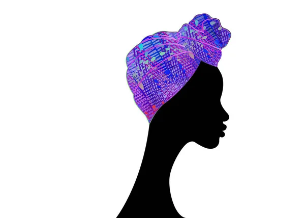 Portrait beautiful Afro woman. Shenbolen Ankara Headwrap Women African Traditional Headtie Scarf Turban. Colorful Kente head wraps African fabric design. Vector icon logo isolated white background — Stock Vector