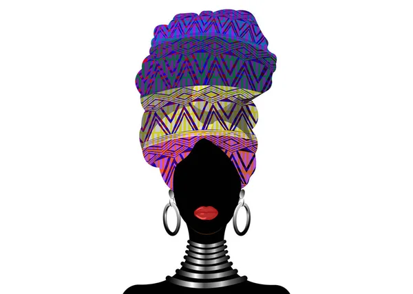 Αφρικανικό φουλάρι, πορτρέτο Αφρο γυναίκα σε ένα γεωμετρικό τουρμπάνι. Φυλετική Wrap μόδα, Άγκυρα, Kente, kitenge, Αφρικανικές γυναίκες φορέματα. Νιγηριανό στυλ, Γκανέζικο κάλυμμα κεφαλής. Διάνυσμα εκτύπωσης, αφίσα, t-shirt, κάρτα — Διανυσματικό Αρχείο