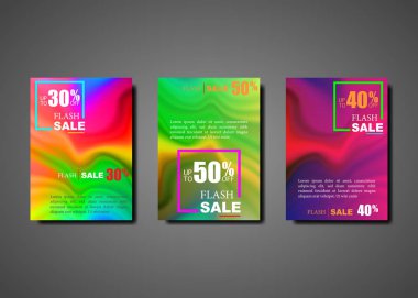 Flaş satış afişleri için dinamik, modern akışkan broşürler. Renkli dalgalı sıvı pankart tasarımı, Flash indirimli satış seti. Vektör illüstrasyonu parlak renk arkaplanı