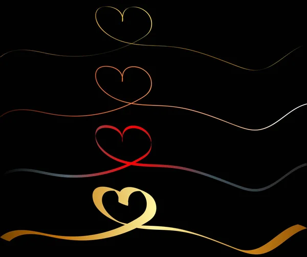 Kontinuerlig linje ritning av hjärta, uppsättning hjärtan guld, brons och röd vektor minimalistisk illustration av kärlek koncept gjort av en linje, isolerad på svart bakgrund — Stock vektor