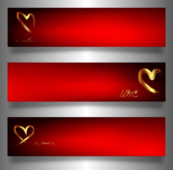 Set golden Hearts vector banners Valentine 's day with copy space. Ручной рисунок иконки золотой мазок. Золотое сердце роскоши на красном фоне. Полезно для веб-сайта, поздравительные открытки — стоковый вектор