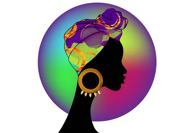 Portrét krásné Afro ženy. Shenbolen Ankara headwrap ženy africké tradiční headtie šála Turban. Barevné Kente hlava zábaly africké textilie design abstraktní textury. Izolované logo ikony vektoru — Stockový vektor