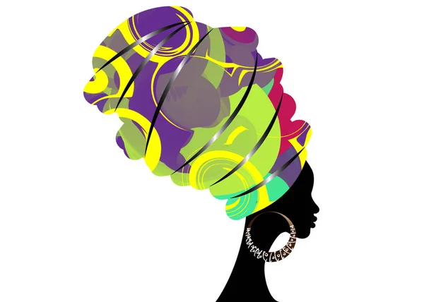 Retrato hermosa mujer africana en turbante tradicional, Kente cabeza envoltura africana, impresión dashiki tradicional, silueta vectorial mujeres negras aisladas con pendientes tradicionales, concepto de peinado — Vector de stock