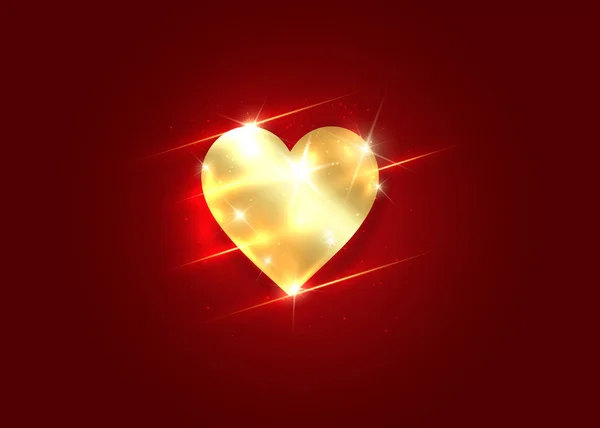 Gold shiny heart icon. Isolated golden heart on a dark red banner. Happy Valentine's day greeting card template, concept of precious jewelry. Premium luxury Vector isolated on red background — Stock Vector