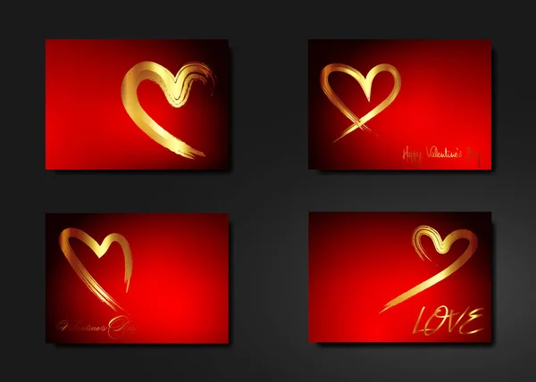 Set Golden Hearts vettore, icona disegnata a mano stile pennellata oro. Cuore alla moda isolato su sfondo rosso. Utile per il sito web, biglietto di auguri e San Valentino. Schizzo di arte creativa con spazio di copia — Vettoriale Stock