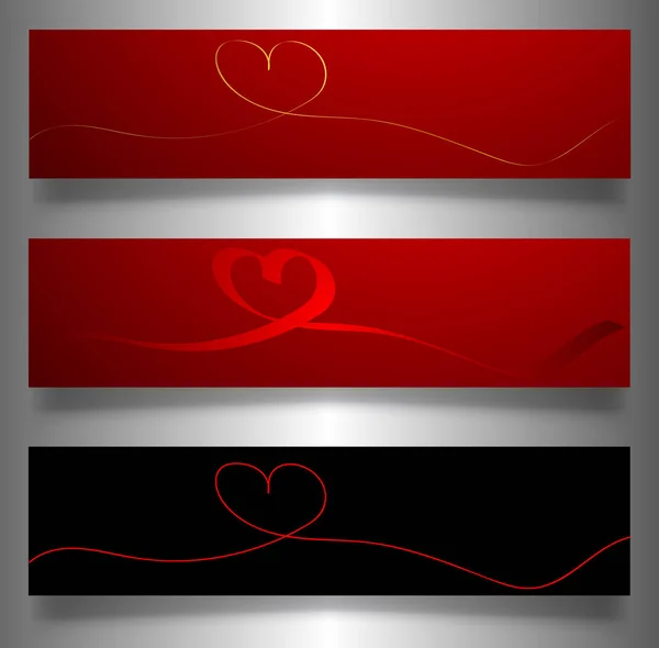 Set valentines banners, linha contínua desenho do coração, conjunto de corações vermelhos, vetor minimalista ilustração do conceito de amor feito de uma linha — Vetor de Stock