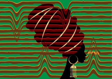 Afrika eşarp, çizgili sarık portre Afro kadında. Kabile şal moda, Ankara, başşehir, kitenge. Nijeryalı tarzı elbiseler. Gana'lı headwrap. Afrika baskı kumaş, etnik el yapımı Tekstil arka plan