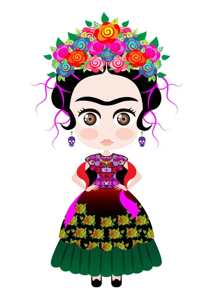 Baby Frida, Kokeshi doll style, cartoon doll in typical ethnic Mexican clothes for children, vector isolated — Stock Vector