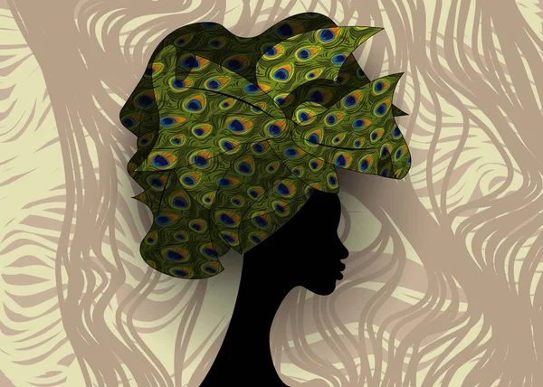 Afrika düğün saç stili şalı, renkli başörtüsü, geleneksel başörtülü Afro kadın tavus kuşu desenli türban. Orman afro safarisi tropikal model arka planı — Stok Vektör