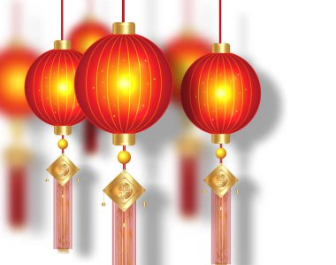 Çin kırmızı fenerleri, lüks altın dekoratif elementler. Geleneksel ışık festivali Asya Yeni Yılı, Çin Mutlu Yıllar, beyaz arka planda izole. Bayram tebrik kartı tasarımı, doğulu afişi