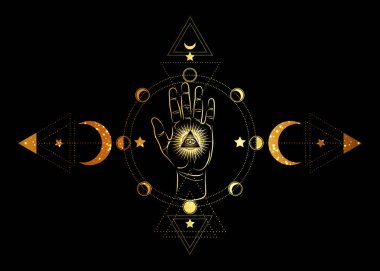 Üçüncü göz ve el ezoterik ruhani simge. Kutsal bilgi piramidi, her şeyi gören bir göz. Mistik geometri, ay evrelerinin işaretleri. Üçlü ayın içindeki altın renkli masonik göz, siyah renkte izole.