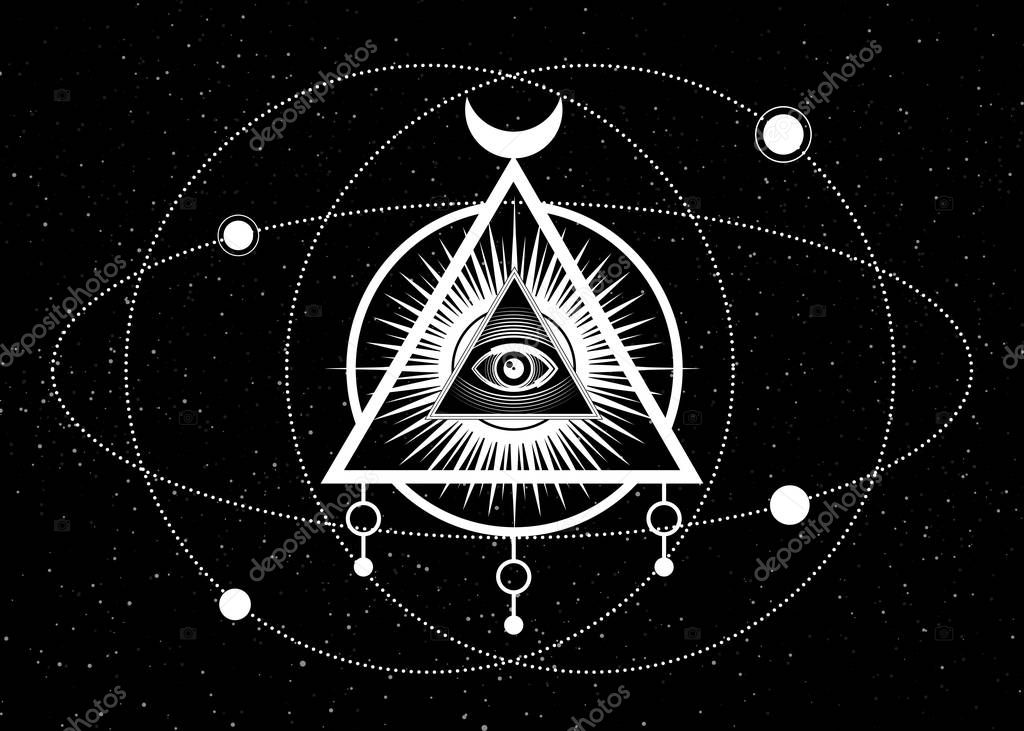 Mystical drawing, All-seeing eye, orbits of planets, energy circle. Sacred geometry. Alchemy, magic, esoteric, occultism. Background  black star sky. Vector illustration. Print, poster, T-shirt, card