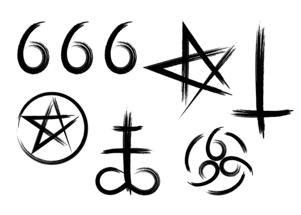 Conjunto de señales satánicas ocultas dibujadas a mano y símbolos místicos. Pentagrama, número 666 de la bestia, cruz de Leviatán y cruz invertida. Puede ser utilizado para móviles, infografía, sitio web, aplicación o tatuaje. Aislado — Vector de stock
