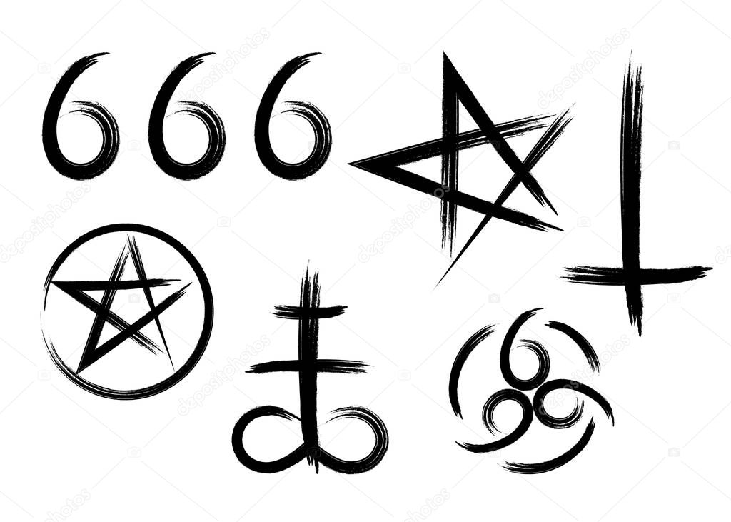 Set of hand drawn satanic occult signs and mystic symbols. Pentagram, 666 number of the beast, leviathan cross and inverted cross. Can be used for mobile, infographic, website, app or tattoo. Isolated