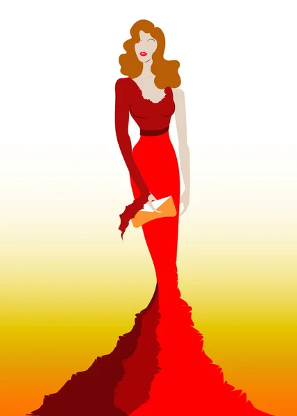 Divatmodell piros szépség ruhában, szexi nő pózol estélyi ruhában. Shop logó sziluett díva gyönyörű luxus borító lány retro nő stílus estélyi ruha 1940-es, 1950-es, sablon vektor elszigetelt — Stock Vector