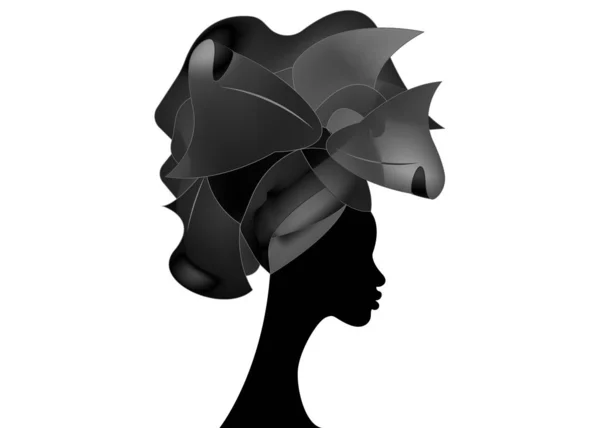 Coiffure de mariage africaine Enveloppement de tête, foulard de tête noir de satin, beau portrait Afro Femme en cravate traditionnelle foulard Turban. Vecteur isolé sur fond blanc — Image vectorielle