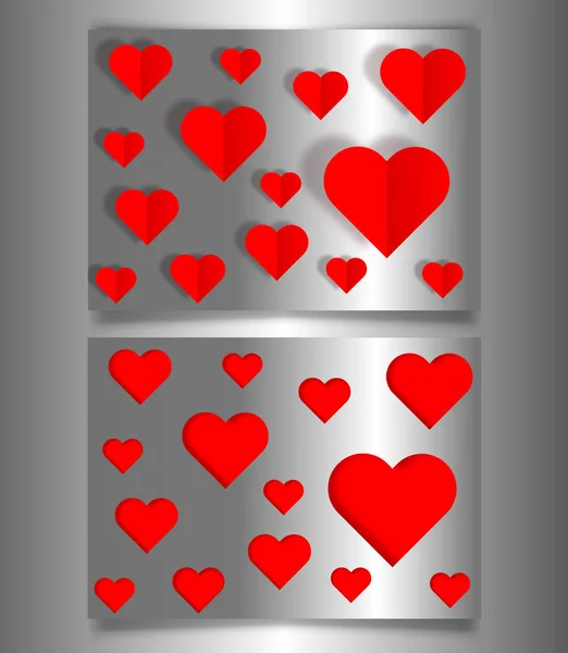 Set bannières Saint-Valentin ou Fête des Mères, carte métallique argentée style laser et papier découpé coeurs rouges. Concept de Saint-Valentin, fond vectoriel illustration — Image vectorielle