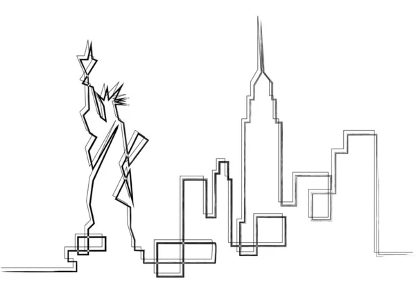 1行のスケッチスタイルニューヨーク市のスカイライン。白を基調としたシンプルなモダンなミニマルスタイルのベクトル — ストックベクタ