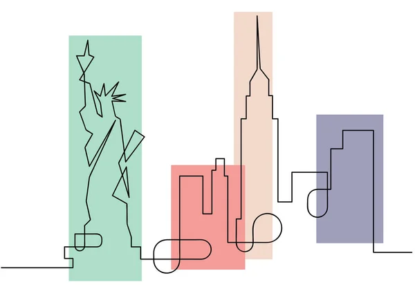 Een lijn schets stijl New York City skyline, plat ontwerp. Eenvoudige kleurrijke moderne minimalistische stijl vector geïsoleerd op witte achtergrond — Stockvector