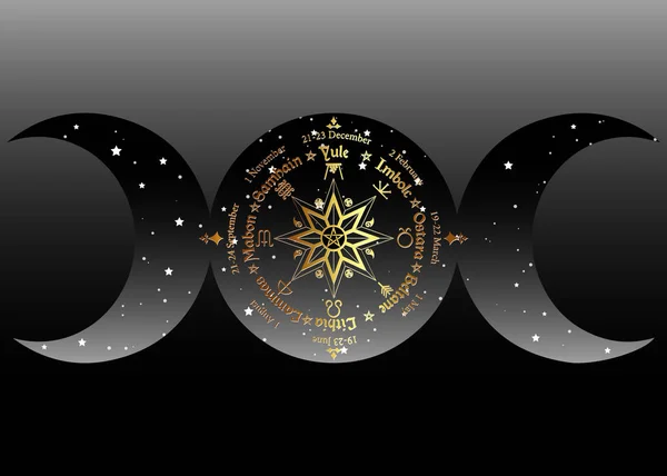 Triple luna Wicca diosa pagana, rueda del año es un ciclo anual de festivales de temporada. Calendario y días festivos wiccanos. Brújula con en el símbolo del pentagrama medio, nombres en Celta de los Solsticios — Vector de stock