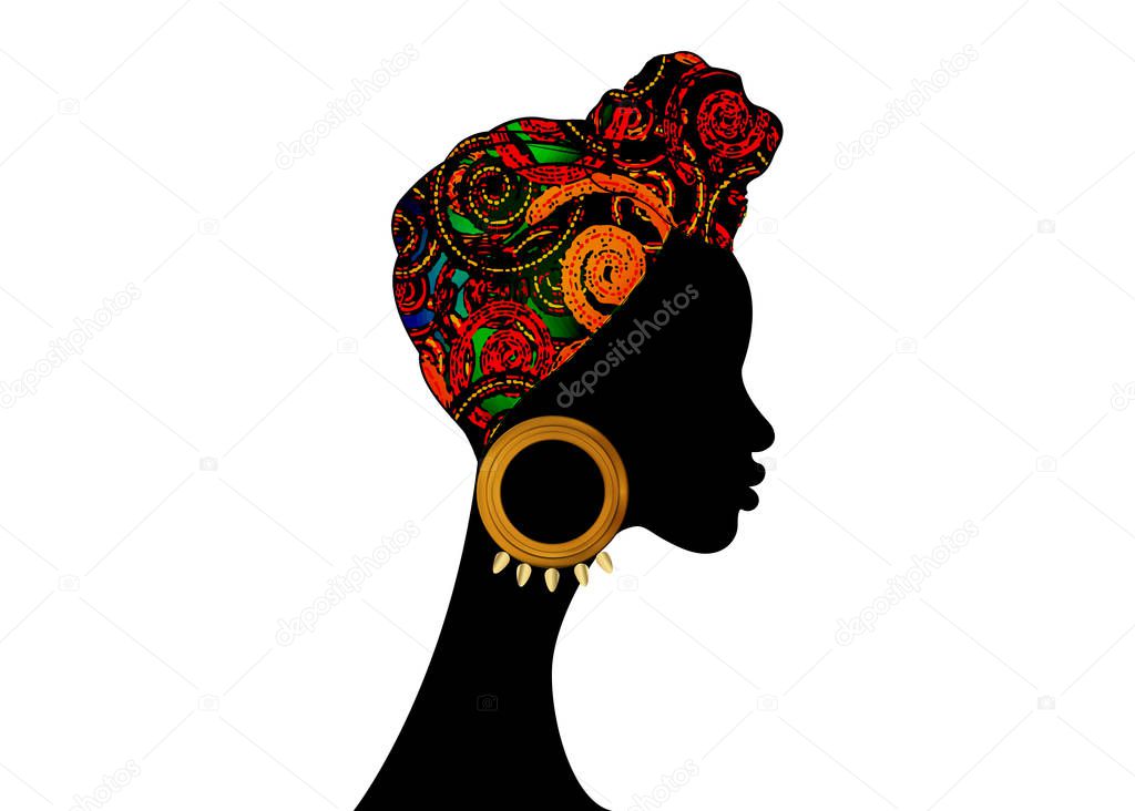 portrait beautiful Afro woman. Shenbolen Ankara Headwrap Women African Traditional Headtie Scarf Turban. Colorful Kente head wraps African fabric design abstract texture. Vector icon logo isolated